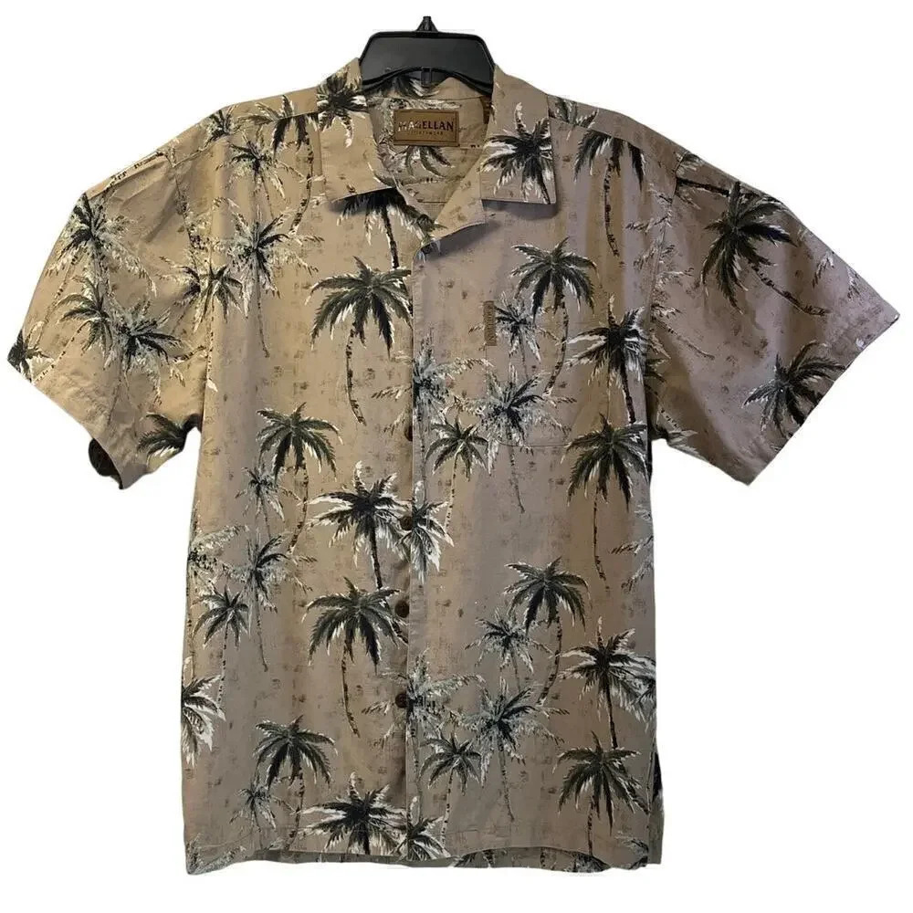Magellan Sportswear Mens M Brown Hawaiian Tropical Palm Short Sleeves